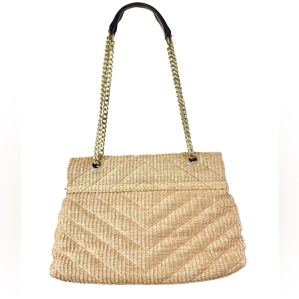 Straw Raffia Cream Tan Chevron Flap Shoulder Crossbody Bag - Picture 3 of 9